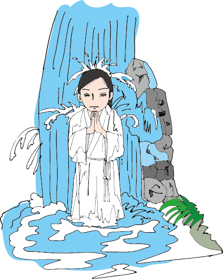 白い行衣を着て滝に打たれながら合掌する女性のイラスト